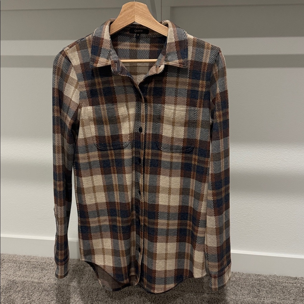 Quince Stretch Sweater Fleece Shirt in Mocha Check, Size Small - Picture 4 of 8